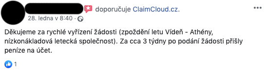 Facebooková recenze služby ClaimCloud. Uživatel pozitivně hodnotí rychlé vyřízení žádosti (za 3 týdny obdržel peníze).