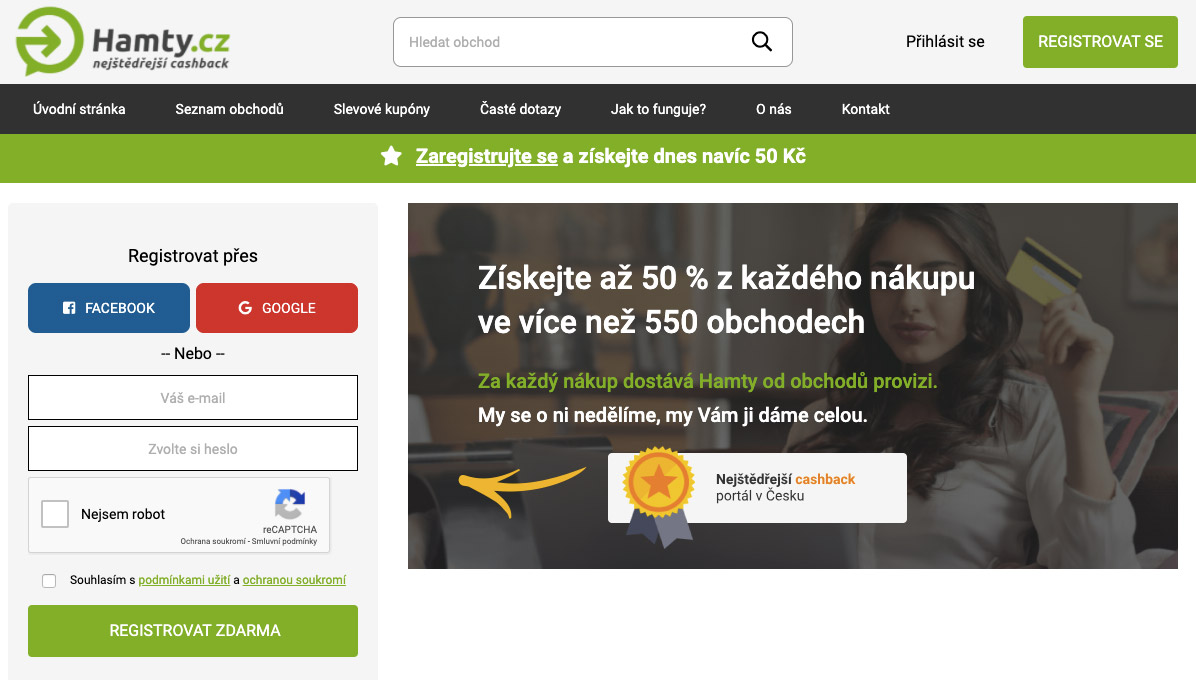 Úvodní stránka cashback služby Hamty, na které je možné provést registraci a následně začít využívat cashback.