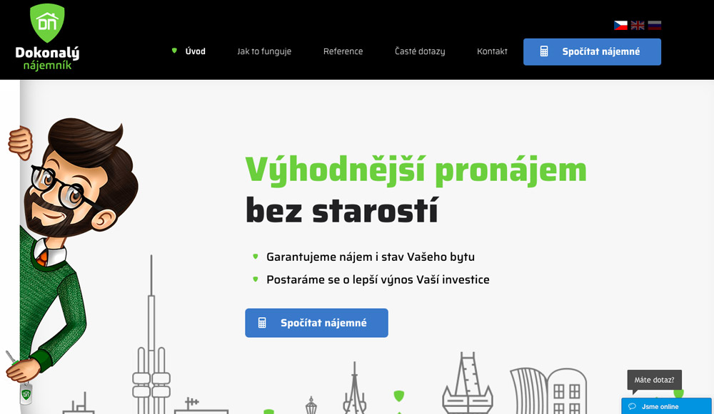 Úvodní webová stránka služby Dokonalý nájemník, na které dominuje zelená a černá barva.