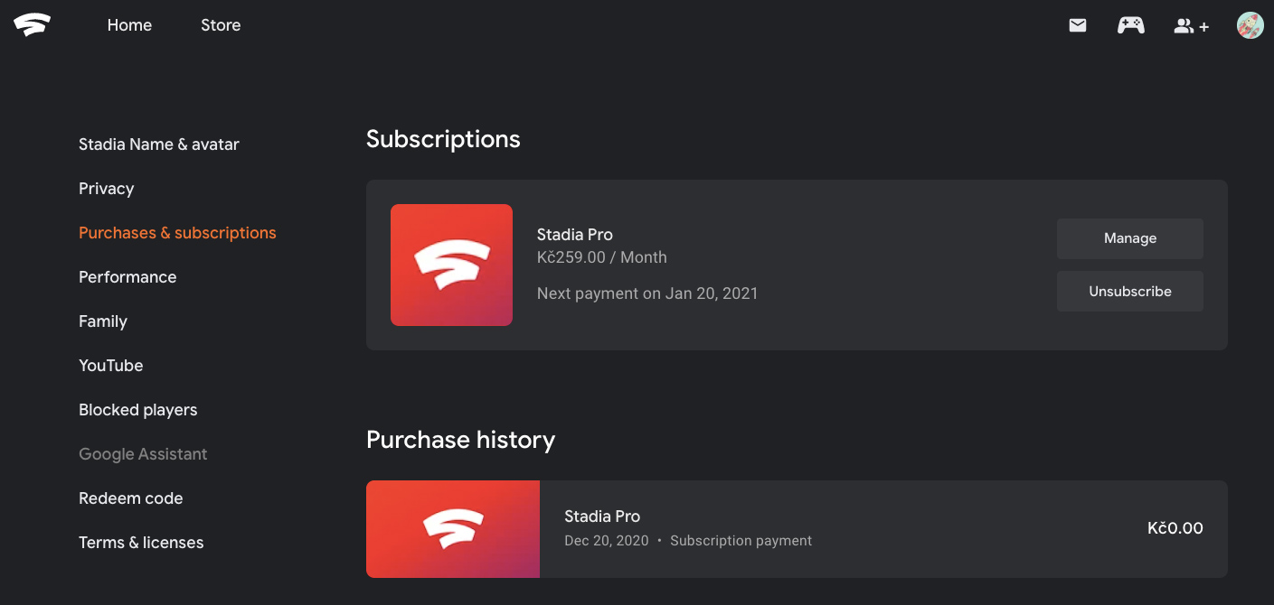 Menu služby Google Stadia, kde je po kliknutí na tlačítko Unsubscribe možné zrušit předplatné Stadia Pro.