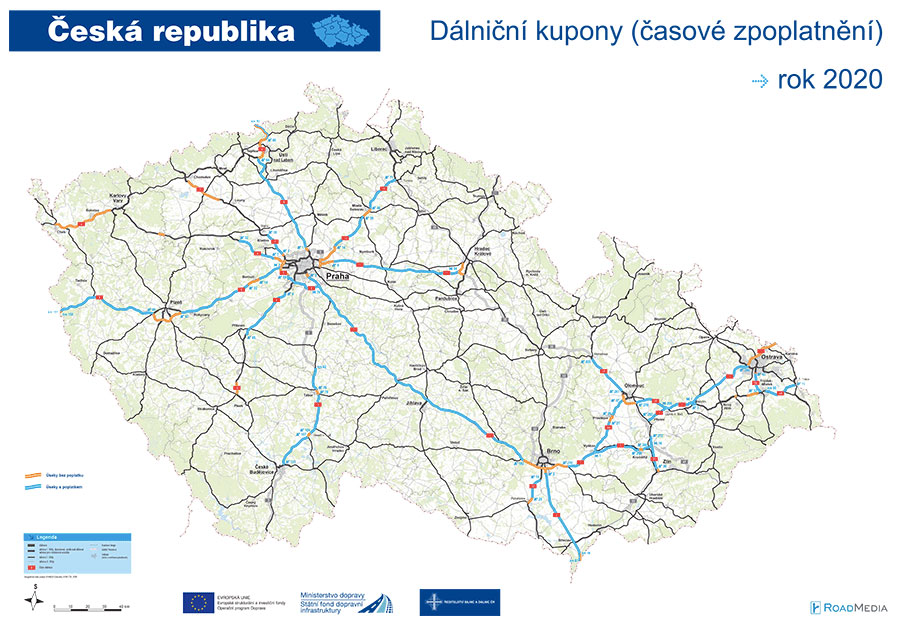 Placené a neplacené dálniční úseky na mapě od SFDI.