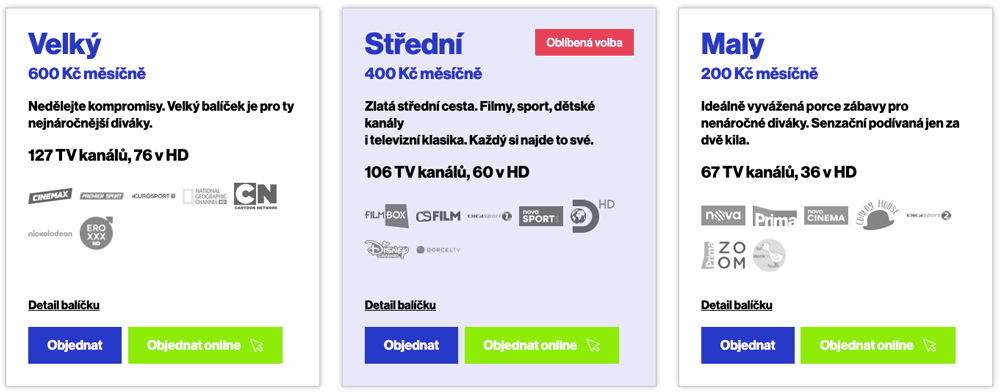Nabídka internetové televize Telly. Ceny tarifů začínají na 200 korunách a končí na 600 korunách za měsíc.