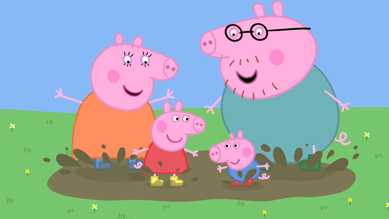 4 motivos para seus filhos assistirem Peppa Pig - Família Pig pulando na lama