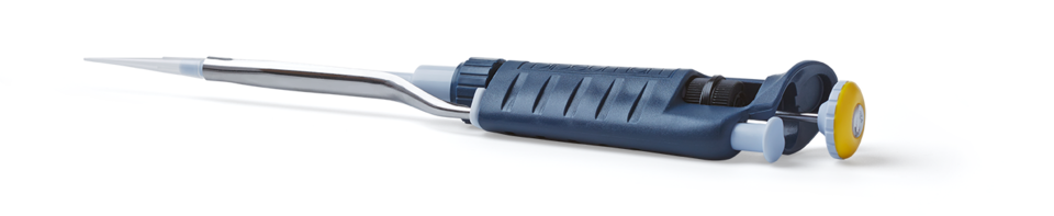 Yellow, blue, and silver laboratory pipette with attached pipette tip