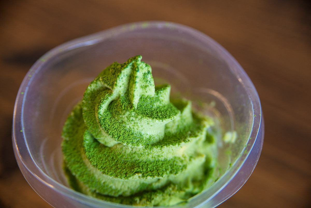 Matcha ice cream topped with matcha powder in a tea shop in Minami-Kyushu, Kagoshima, Japan.