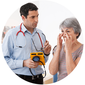 Doctor watching patient show exactly where she feels facial sinus pain.