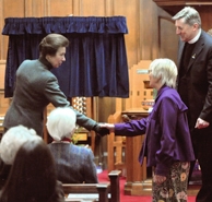 Midge Gourlay being presented to HRH Princess Ann at Hamilton Old Parish Church (Feb 2009), where her commission was on display