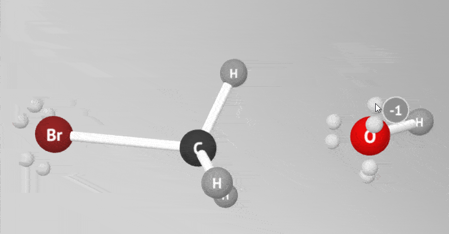 3D Arrows Screen capture of 3D arrows being used in a 3D SN2 mechanism of methylbromide and hydroxide. The mouse is shown drawing an arrow from a lone pair on oxygen to the carbon, then another arrow being drawn from the carbon-bromine bond to bromine. The user then taps a red button with the word "push" on it to view the movement of electrons when forming and breaking the bonds.