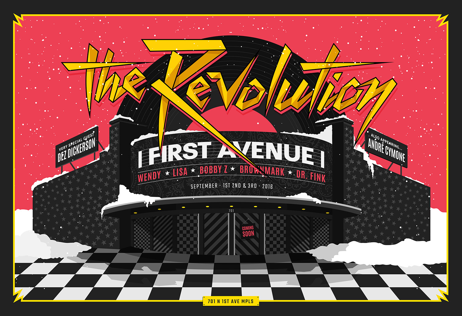 Vector illustration for The Revolution concert poster at Fist Avenue building in Minneapolis, MN / Design by Heidi Skinner