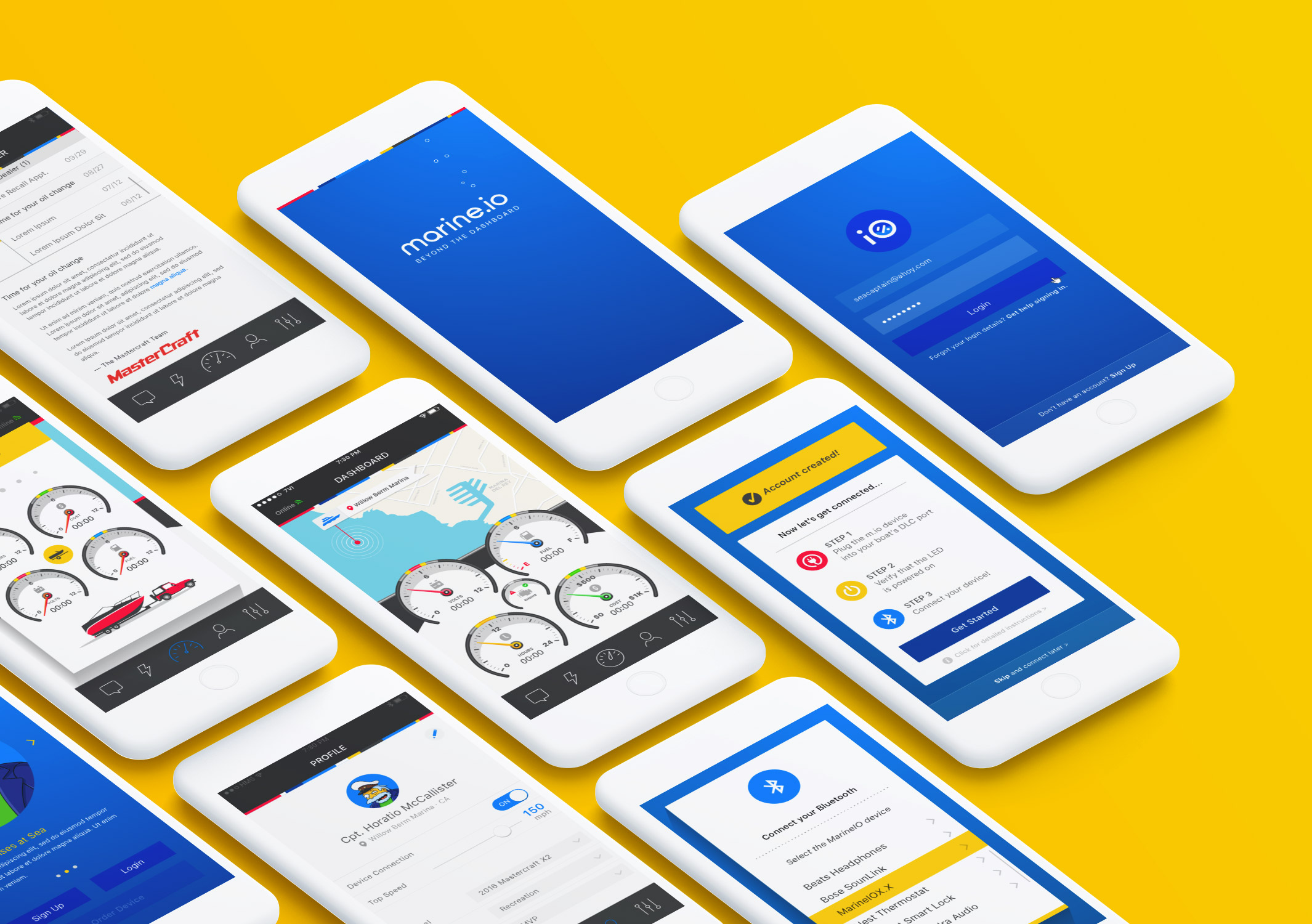 Various designs for the Marine.io UX UI iOS app