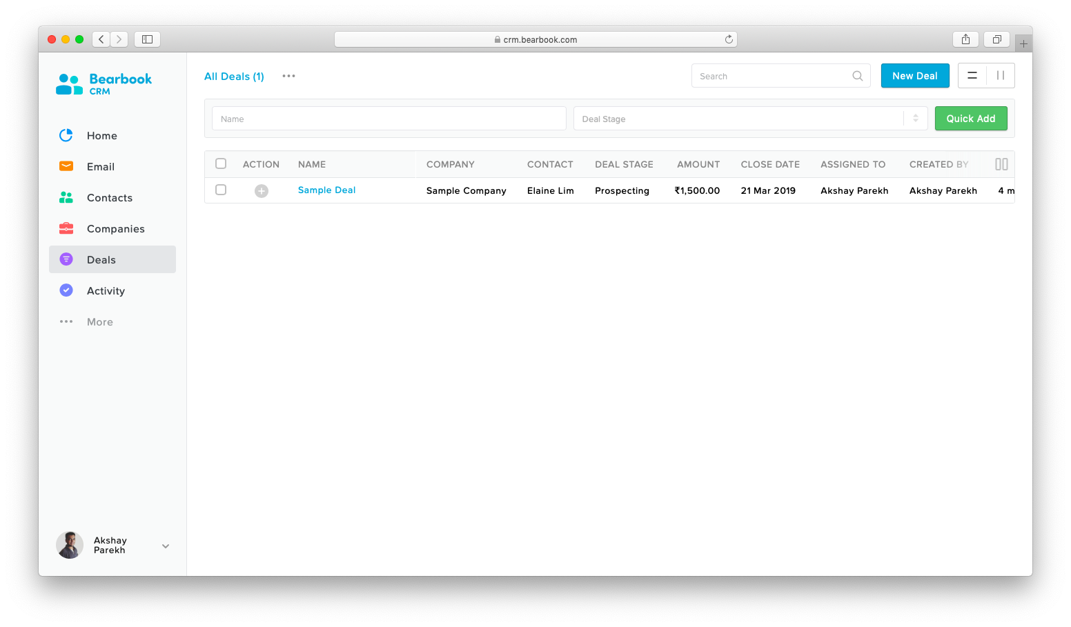 List view of deal Bearbook CRM