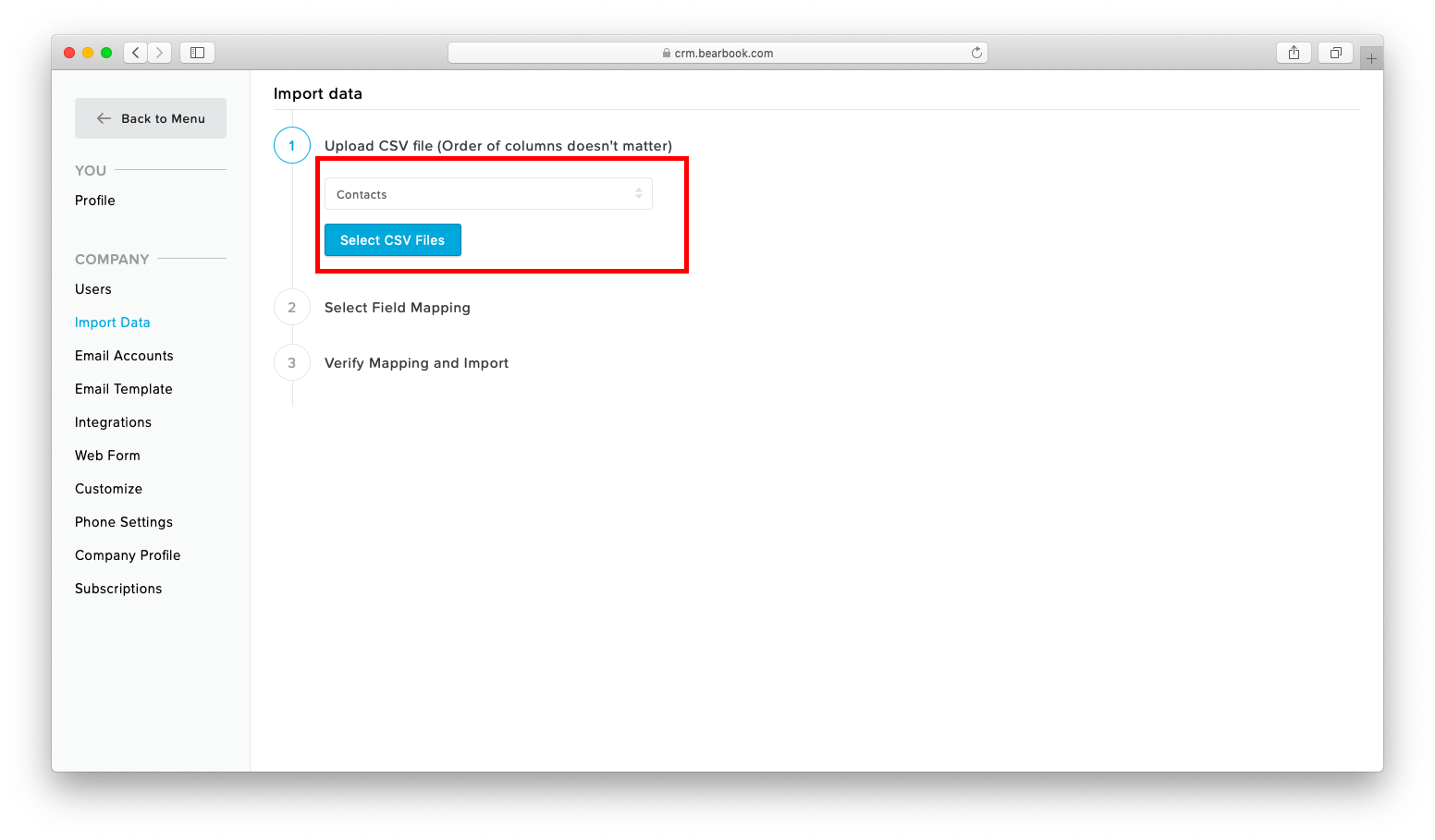 Import data in Bearbook CRM