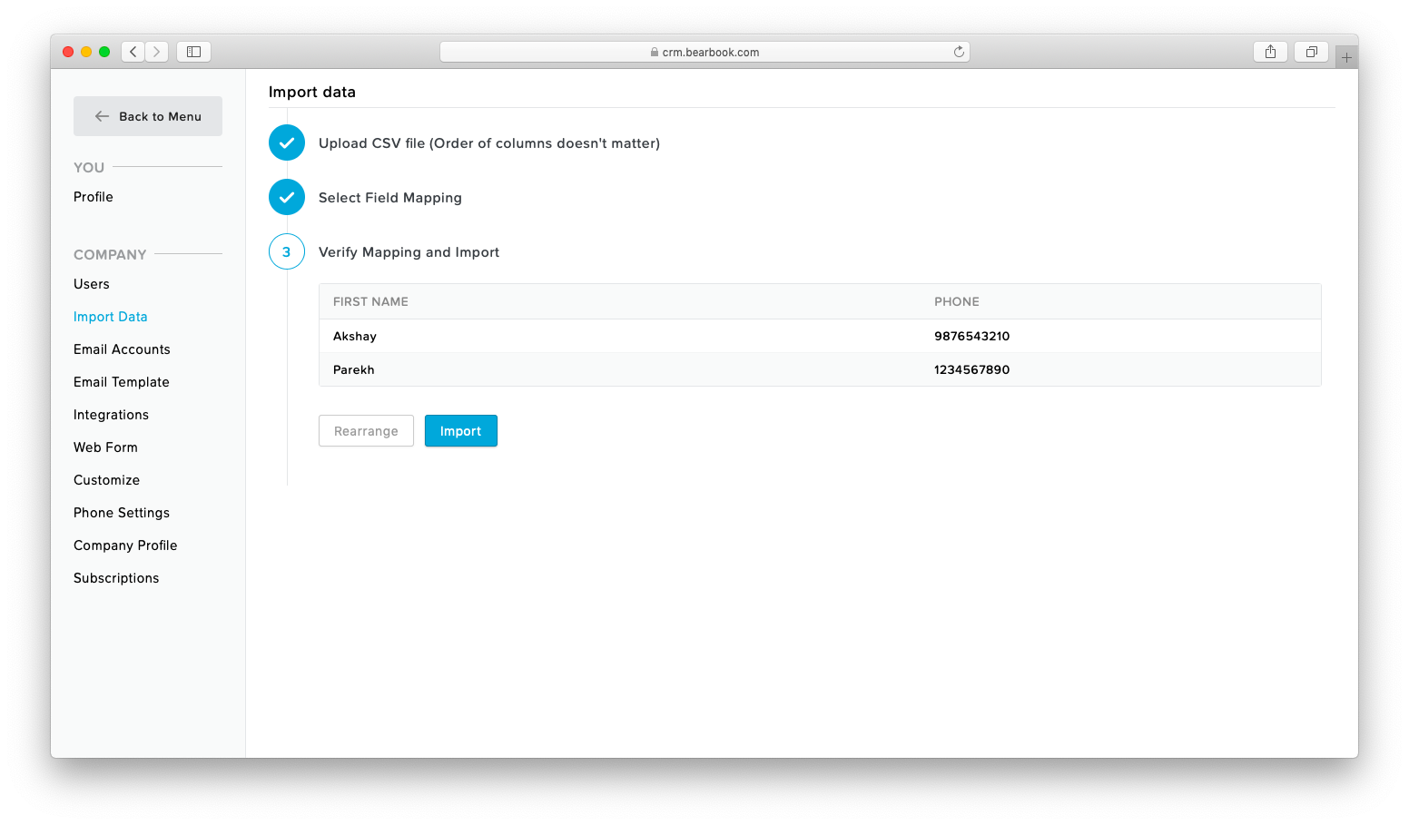 Import Data In Bearbook CRM