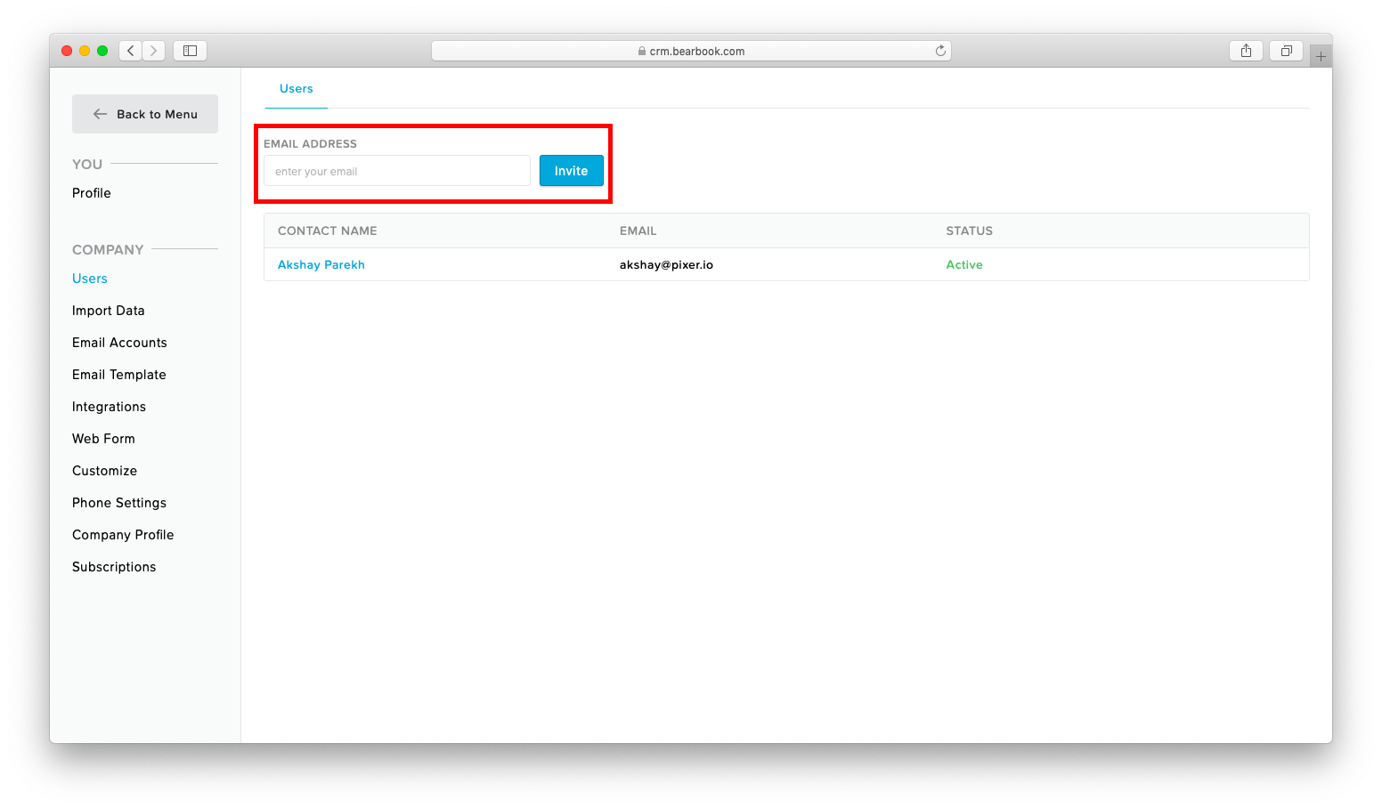 Invite Team Bearbook CRM