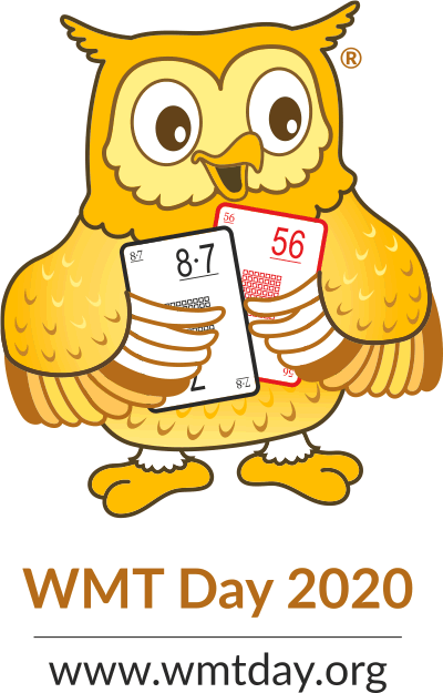 logo Swiatowego Dnia Tabliczki Mnożenia przedstawiające sowę trzymającą 2 kartki na jednej mnożenie 8 razy 7, na drugiej 56. Na dole napis: WMT Day 2020 oraz adres strony internetowej: www.wmtday.org