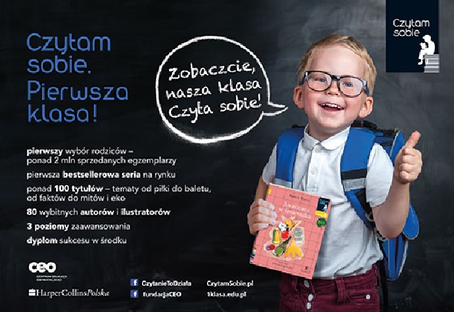 Plakat programu: na czarnym tle z lewej strony niebieskimi literami napisany tytuł programu Czytam sobie. Pierwsza klasa. Pod spodem białymi literami informacje o programie. Po prawej stronie Uśmiechnięty chłopiec mówiący: Zobaczcie, nasza klasa Czyta sobie! (napis umieszczony w chmurce).