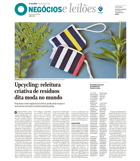Capa da Negócios e leilões do jornal o Globo com matéria sobre Upcyling, usando a Rede Asta como case de negócio bem sucedido no trabalho com reaproveitamento dos resíduos das empresas