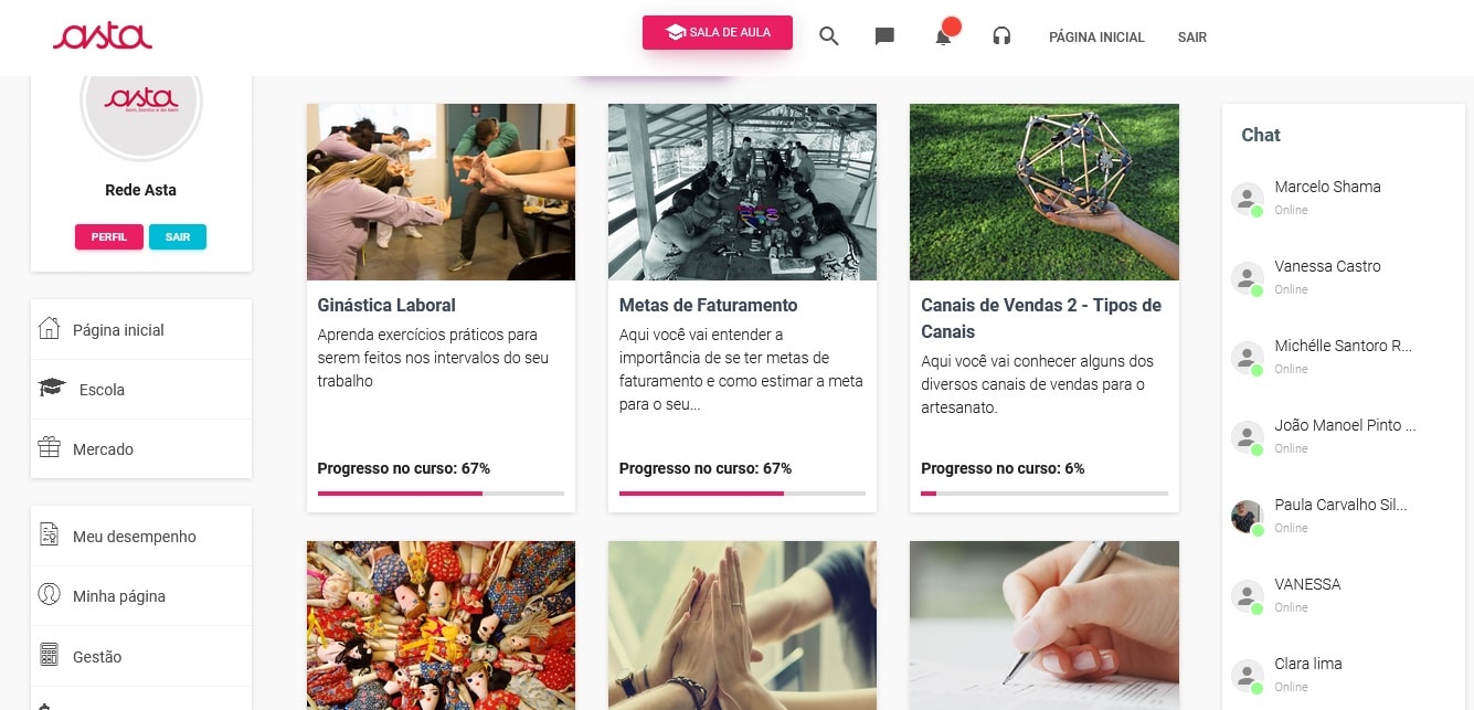 Tela da Escola de Negócio das Artesãs online