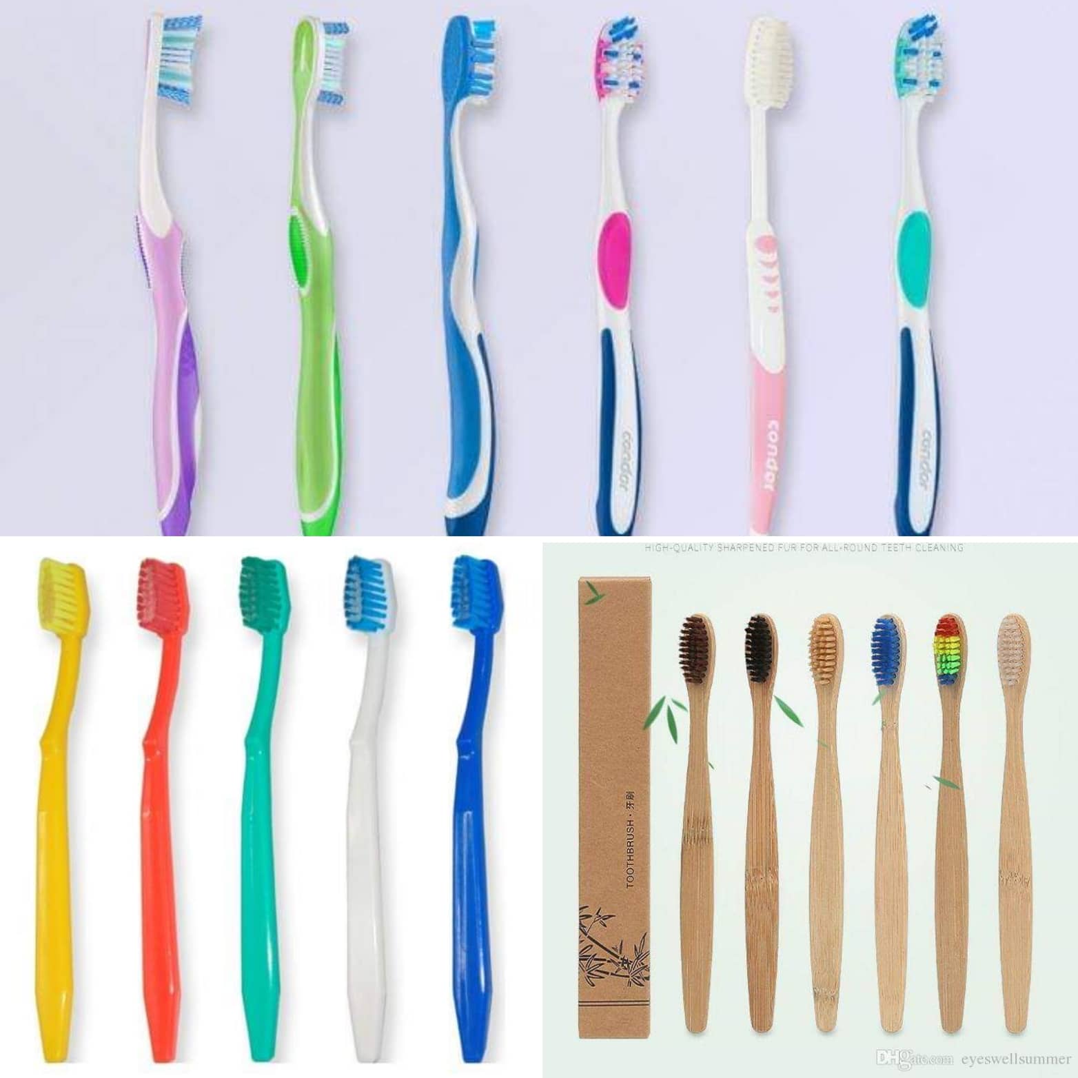 Escova de dentes com plástico misturado, escova de dentes com plástico único e escovas de dentes de bambu: opções de mais sustentáveis