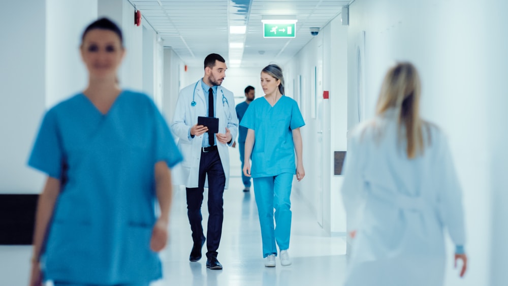 Doctors in hallway of a hospital