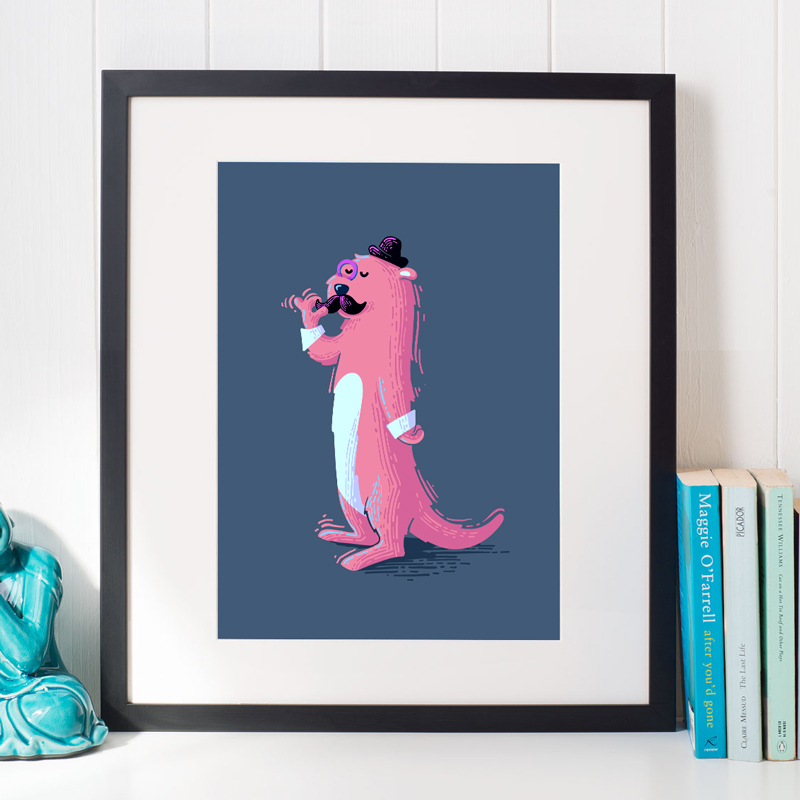 Print of a pink otter on a dark blue background