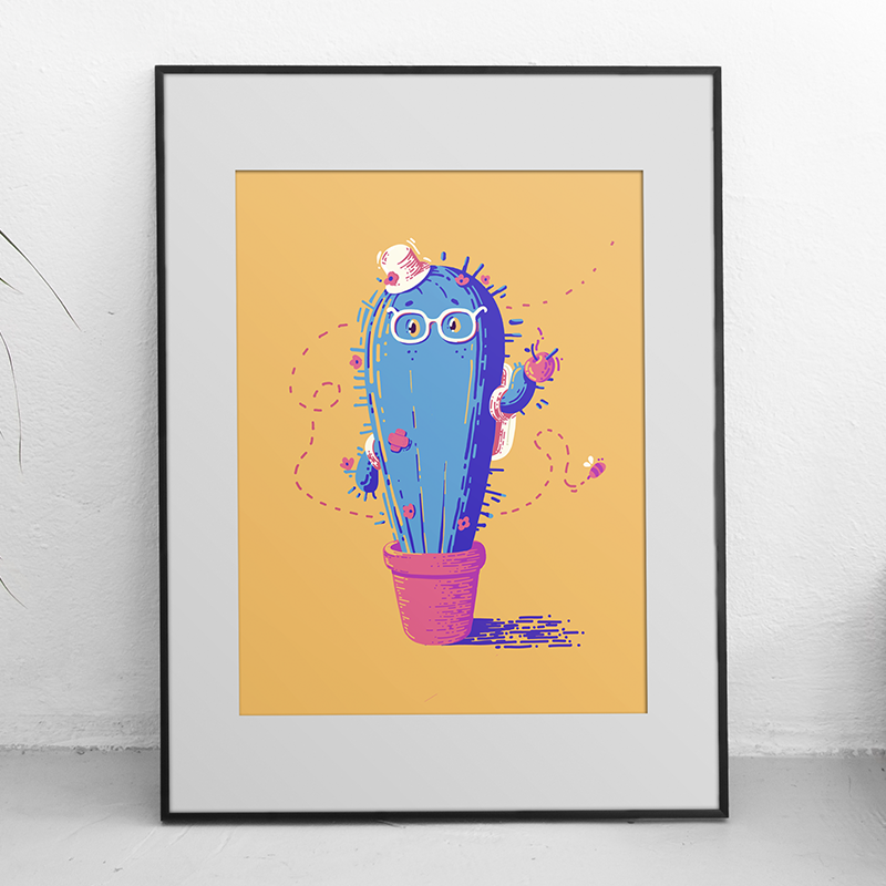 Blue cactus in a pink pot and a yellow background with an apple stuck in his spike hand. He is wearing glasses and has a tiny flower hat.