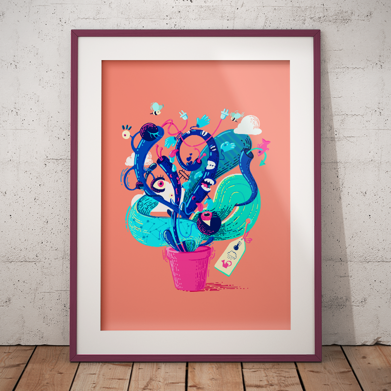 Image of a plant on a peach background, a plant of love with hands, eyes and kisses