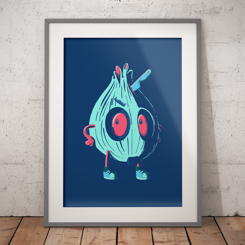 Angry onion illustration on a navy background and light blue plant
