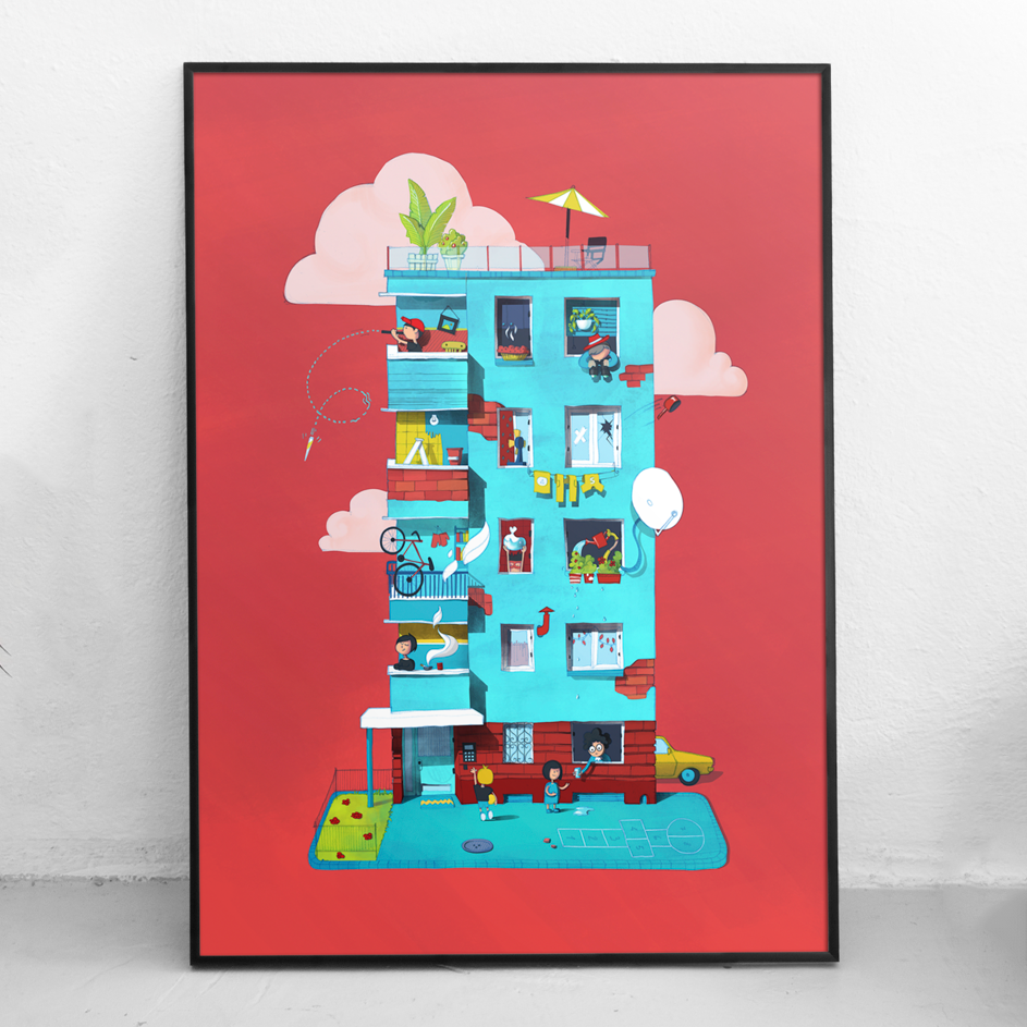 Children playing outside of a blue apartment building on a red sky with clouds.