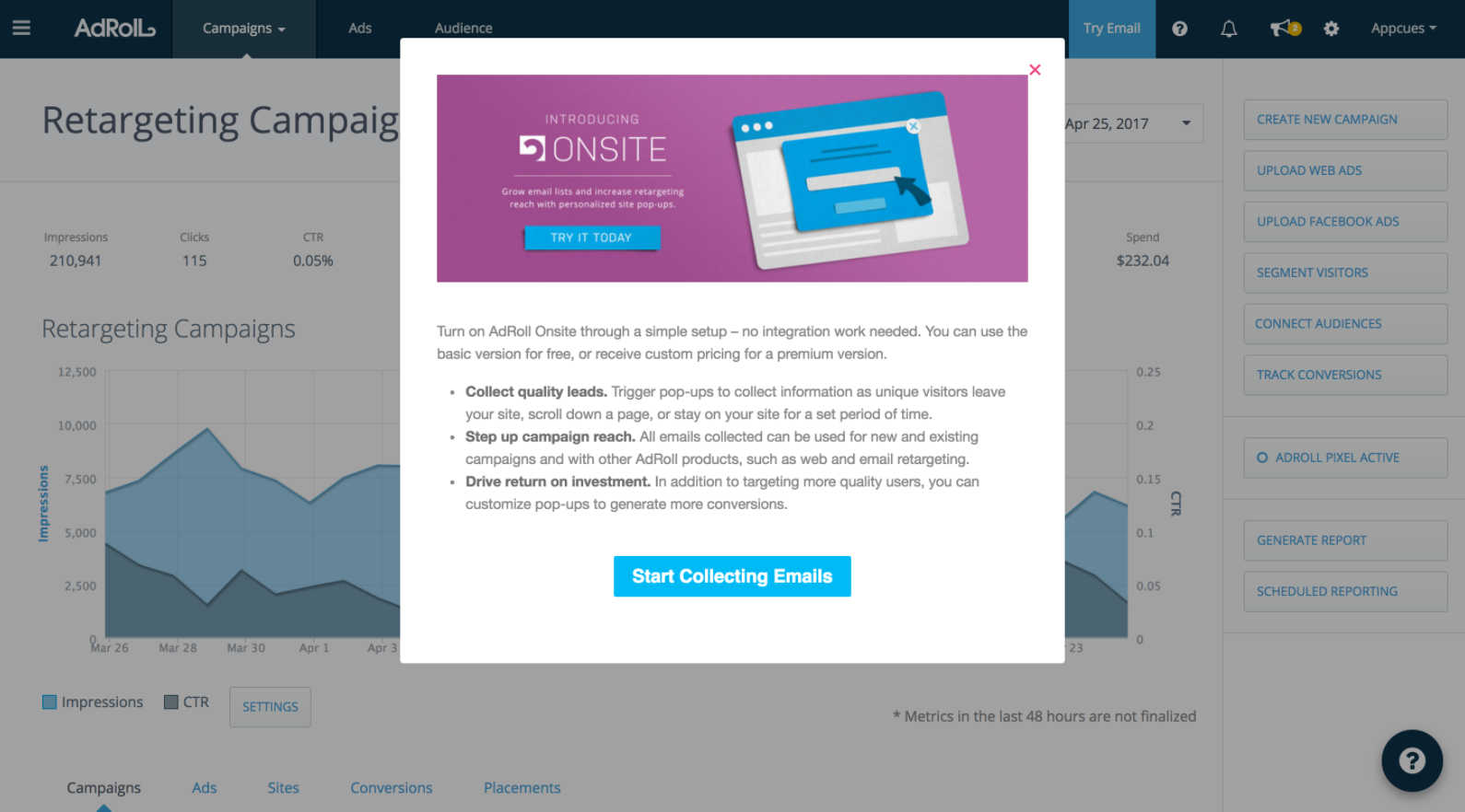 A screenshot of AdRoll's Onsite feature announcement