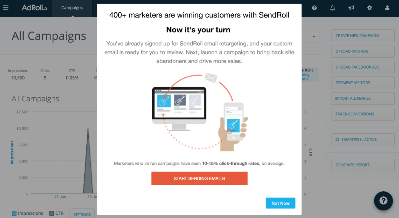 A screenshot of AdRoll's SendRoll feature announcement