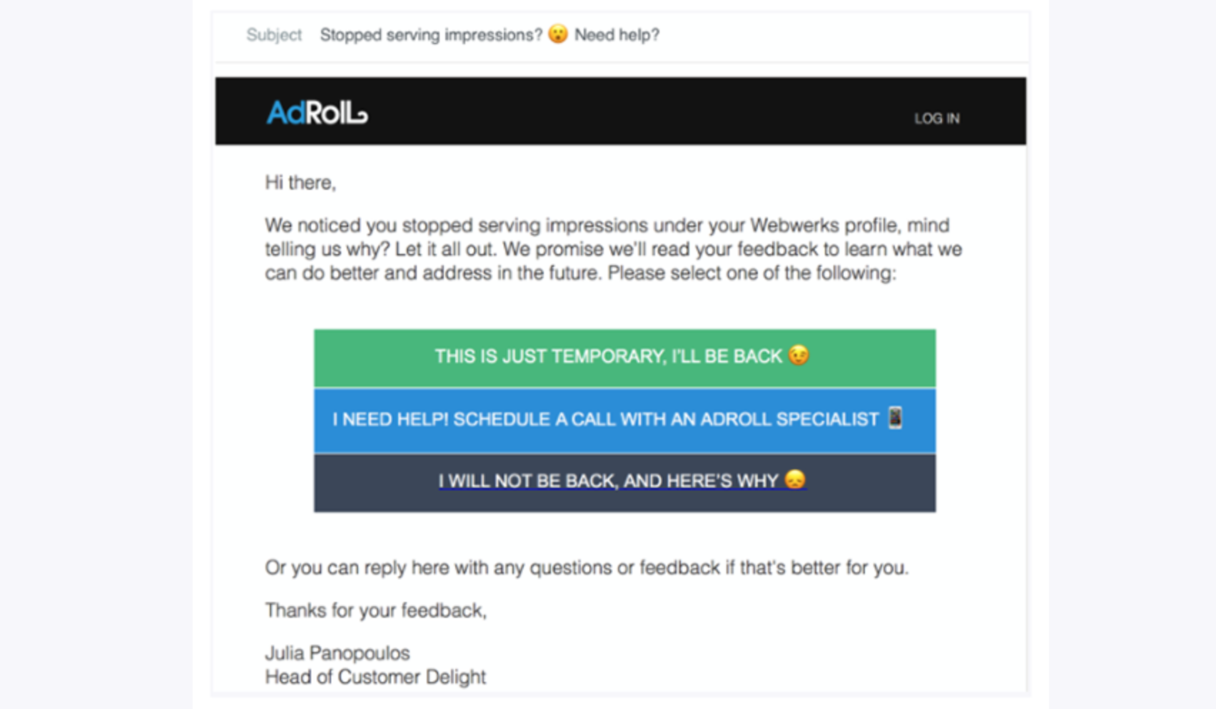 A screenshot of AdRoll's email that asks a user why they paused their account