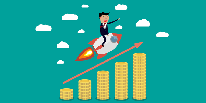 a cartoon of a man riding a rocketship over an increasing pile of gold coins