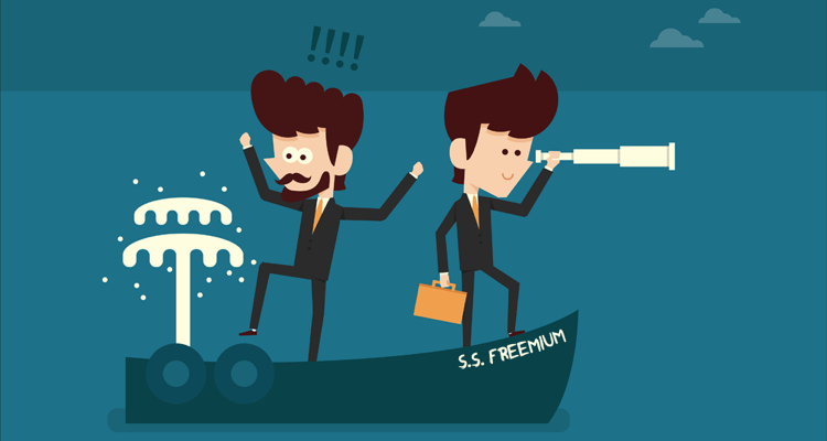 Two cartoon men onboard the "S.S. Freemium"