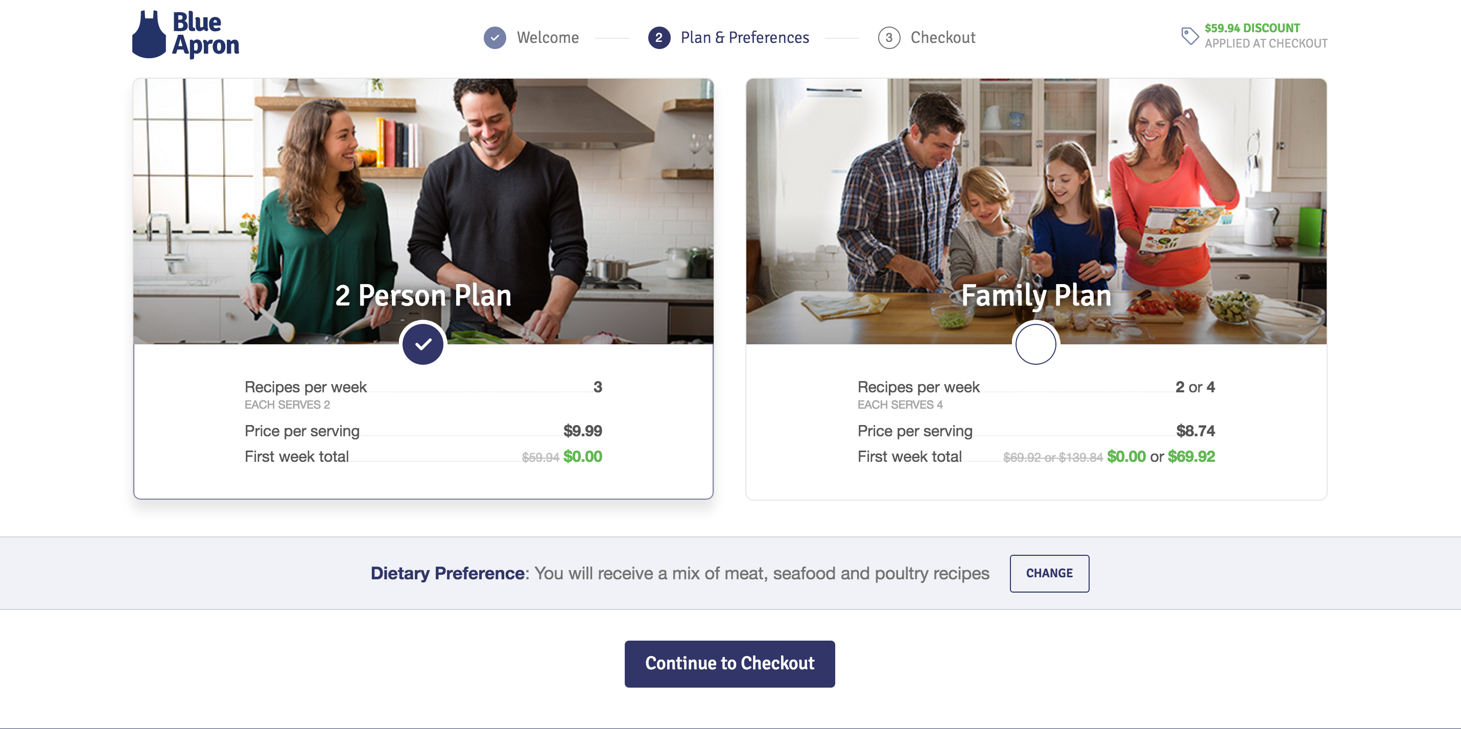 Blue Apron's onboarind screen for different plans