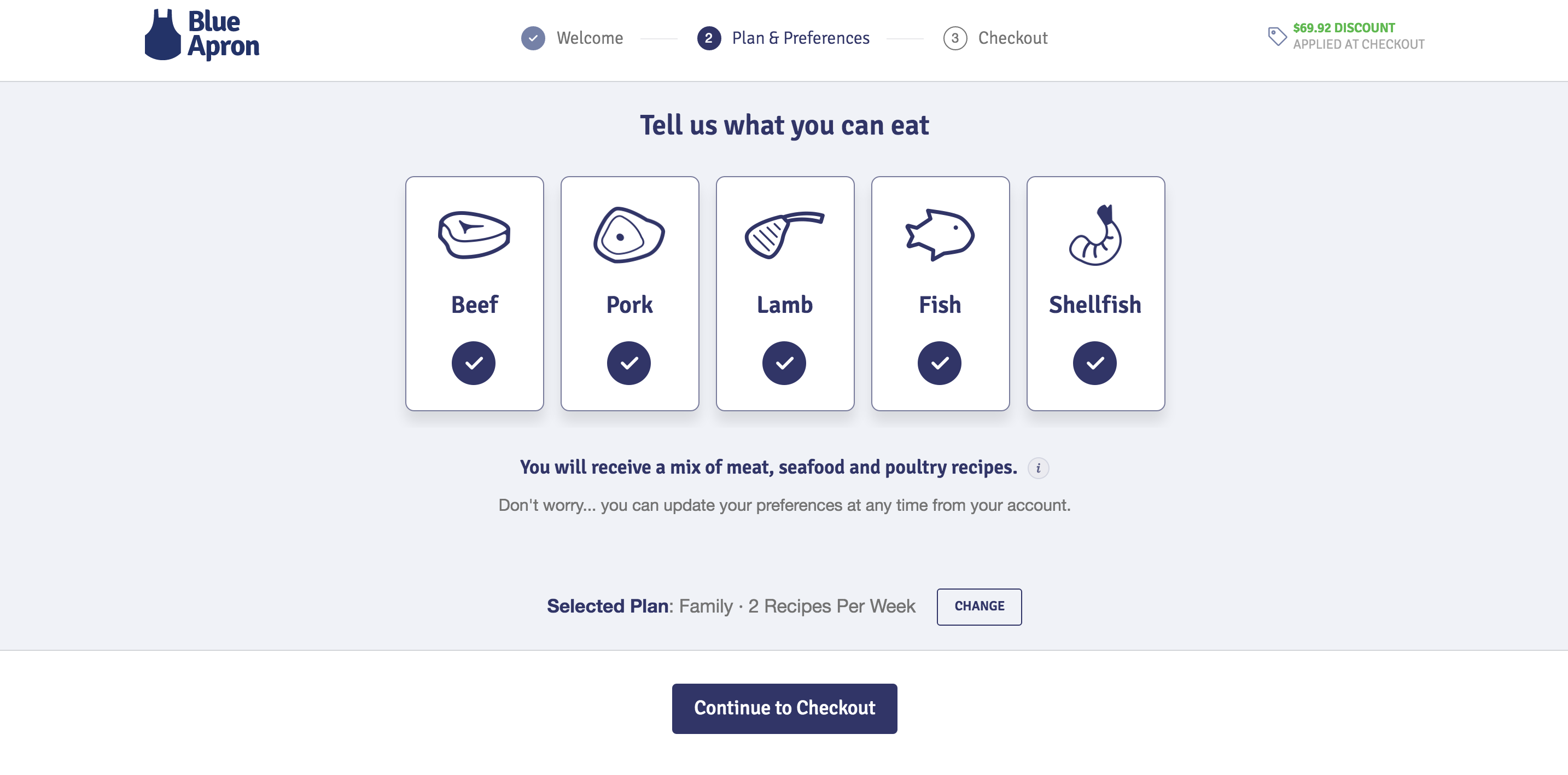 Blue Apron's onboarding screen to pick food preference