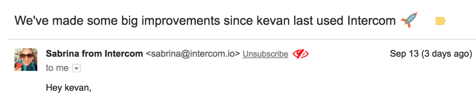 A screenshot of an email from Intercom with a real person's picture in the avatar