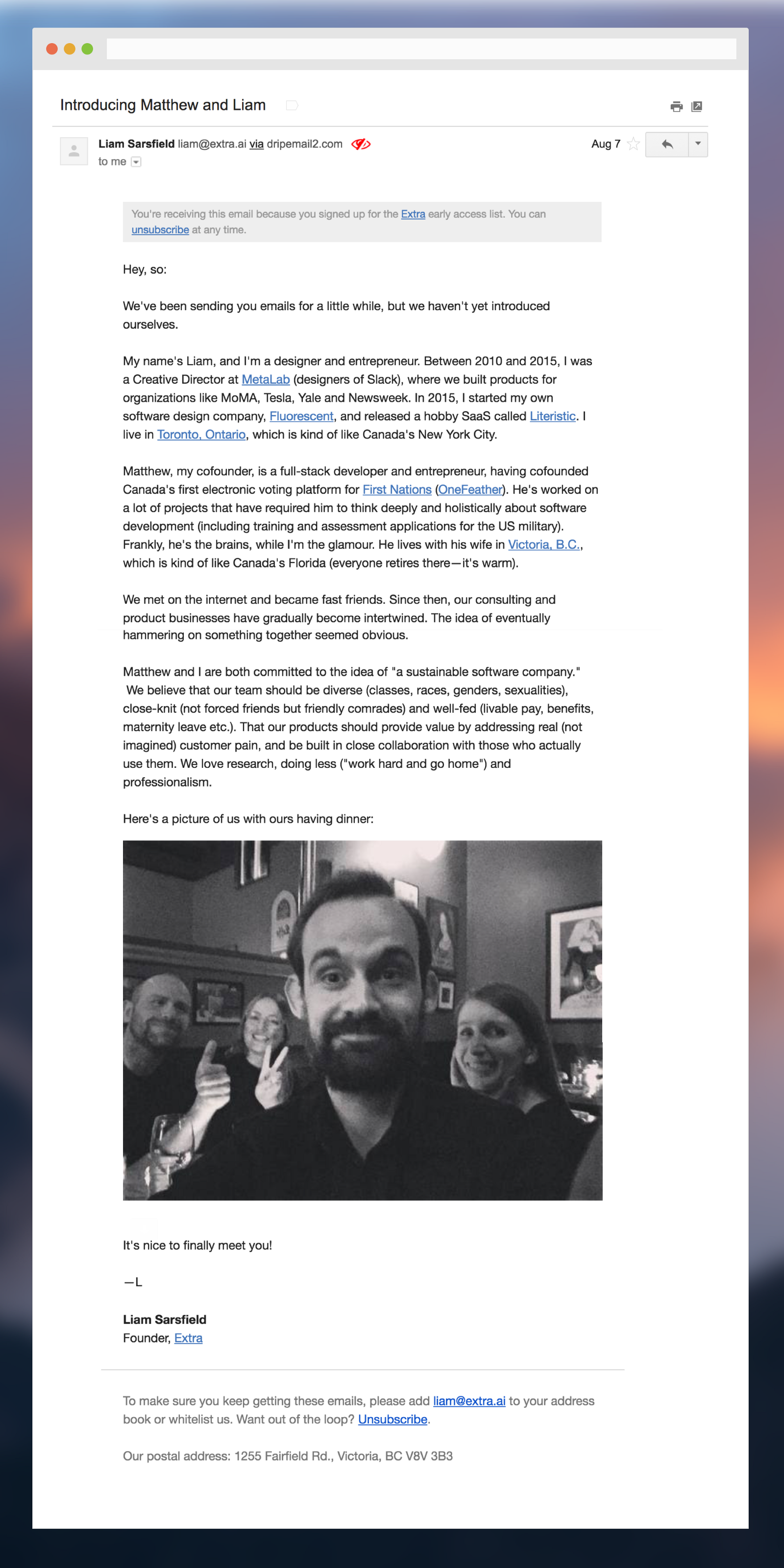 A personalized longform onboarding email including a picture of the sender