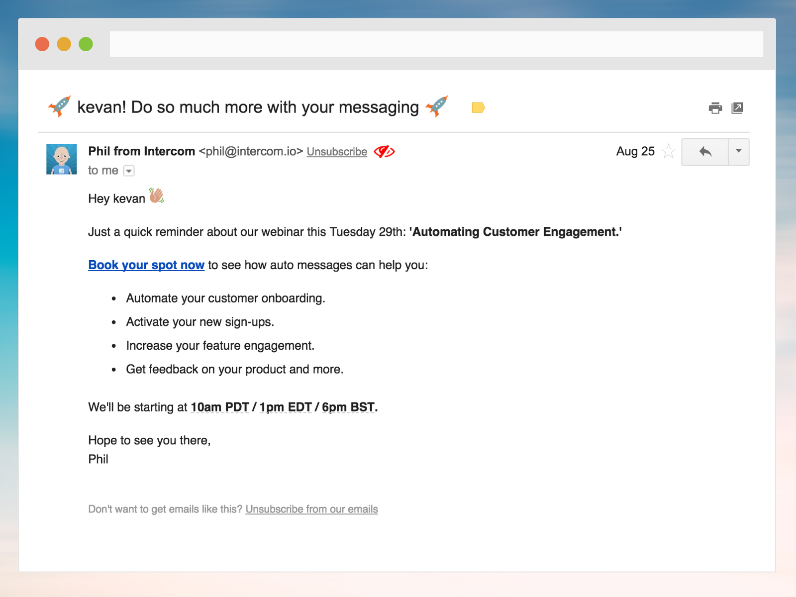 A screenshot of an email with two rocketship emojis in the subject line