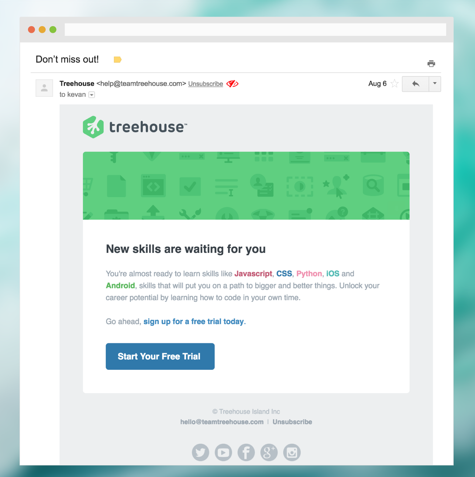 An email from Treehouse recommending the recipient to sign up for a course
