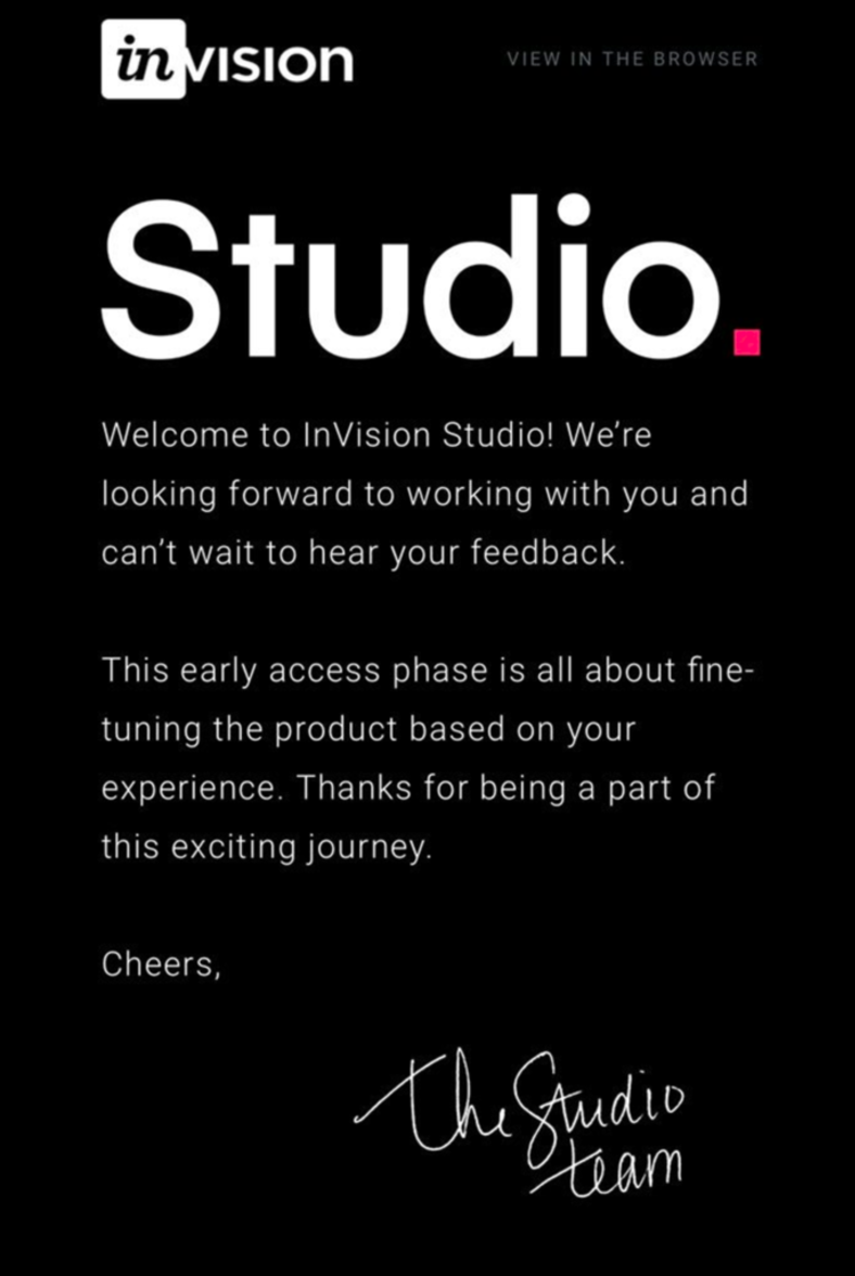 InVision's product release email for Studio