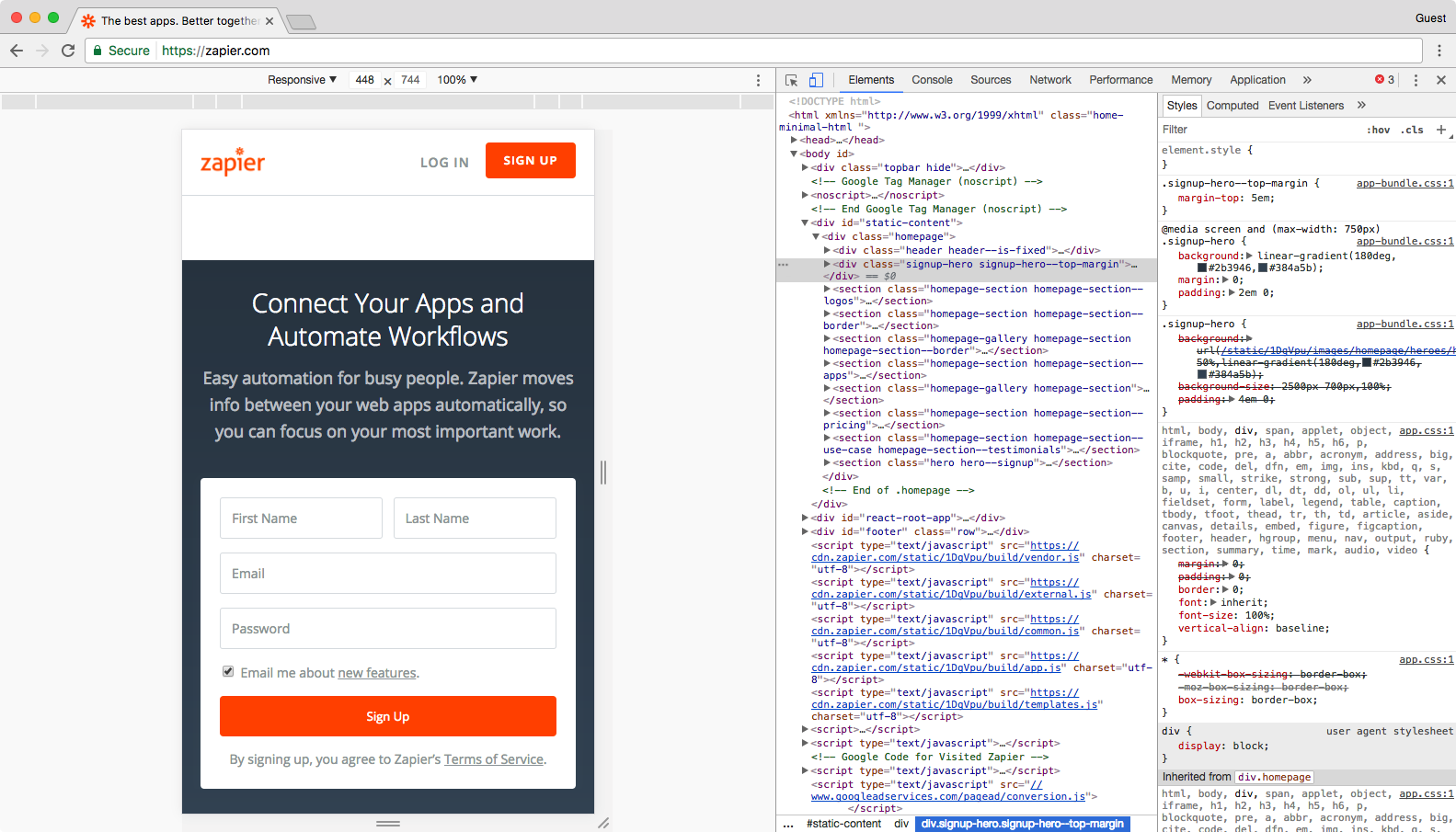 Inspect Element on Zapier's page