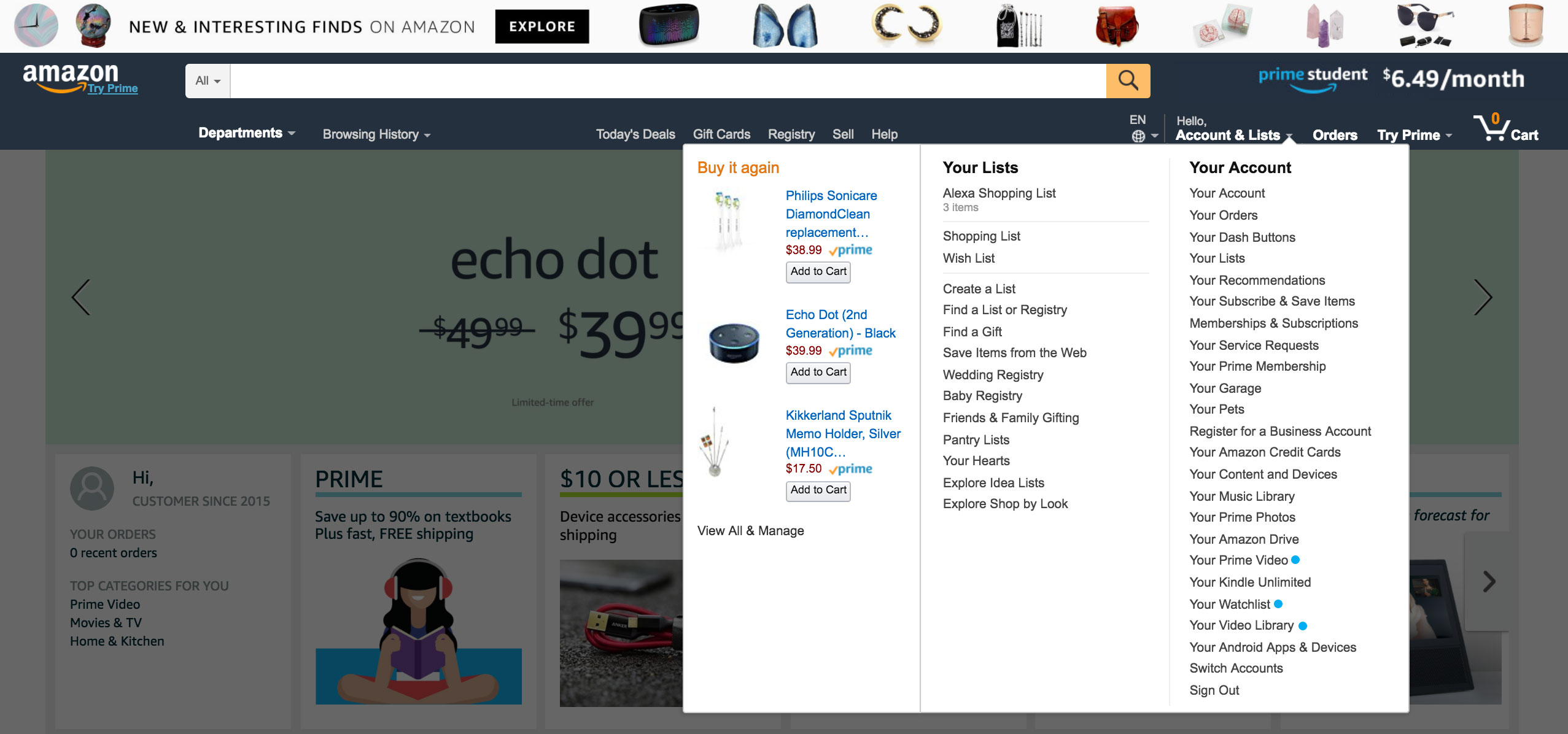 A screenshot of Amazon's account dropdown list that shows a laundry list of confusing paths to take