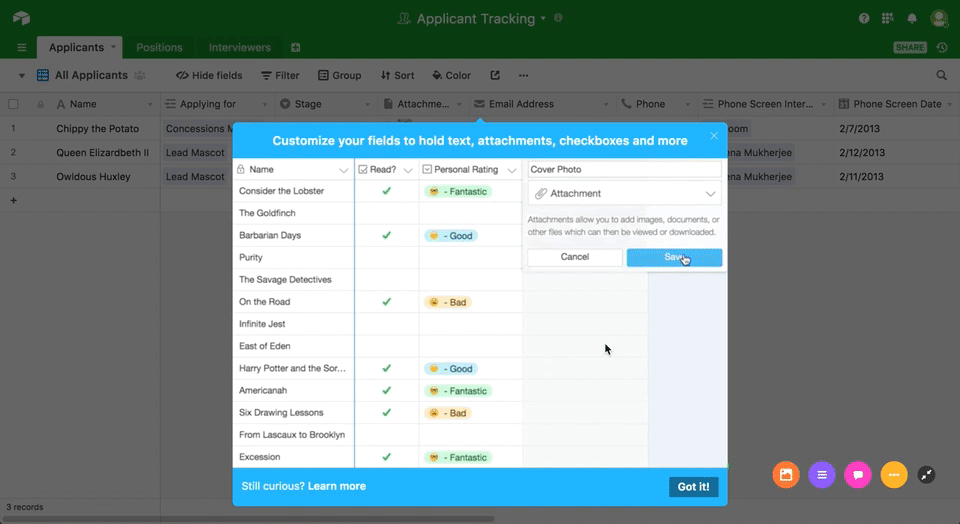 The first step of airtable's product tour shows how to customize your fields