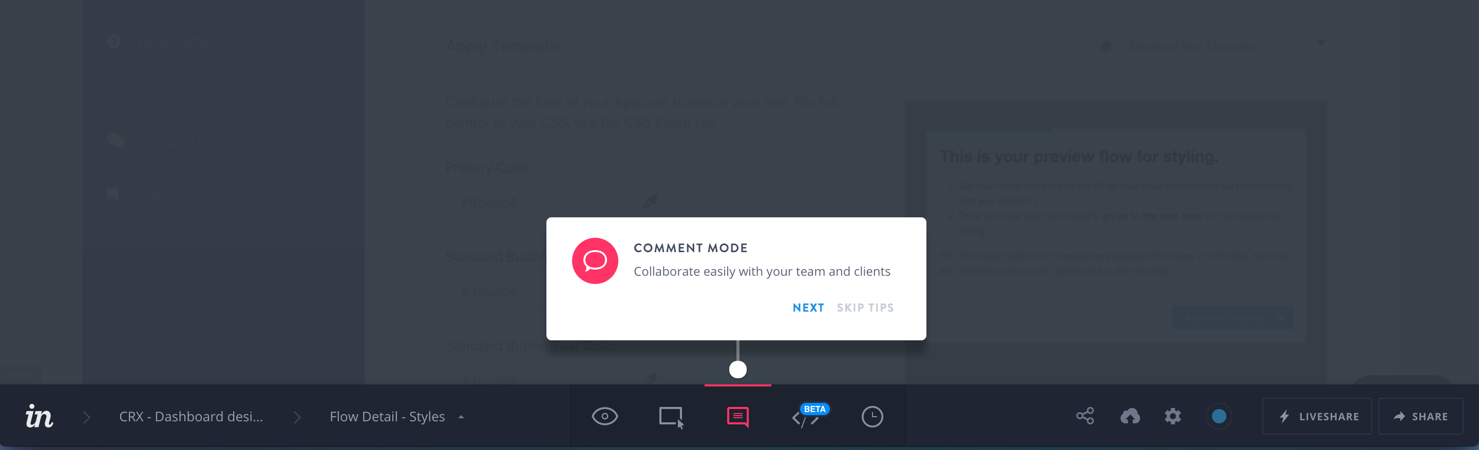 InVision uses a hotspot to show the comment mode functionality