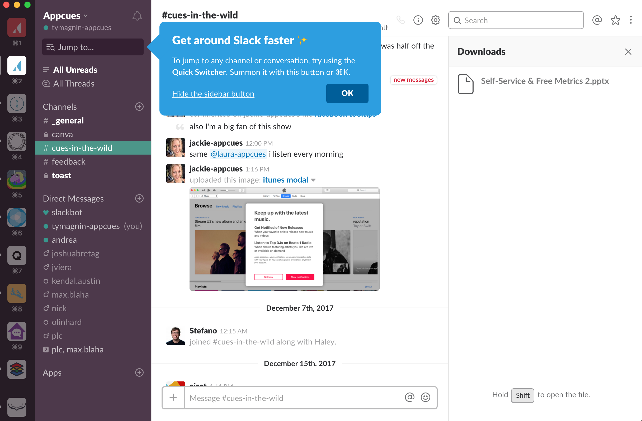 Slack uses an action-driven tooltip to educate first time users
