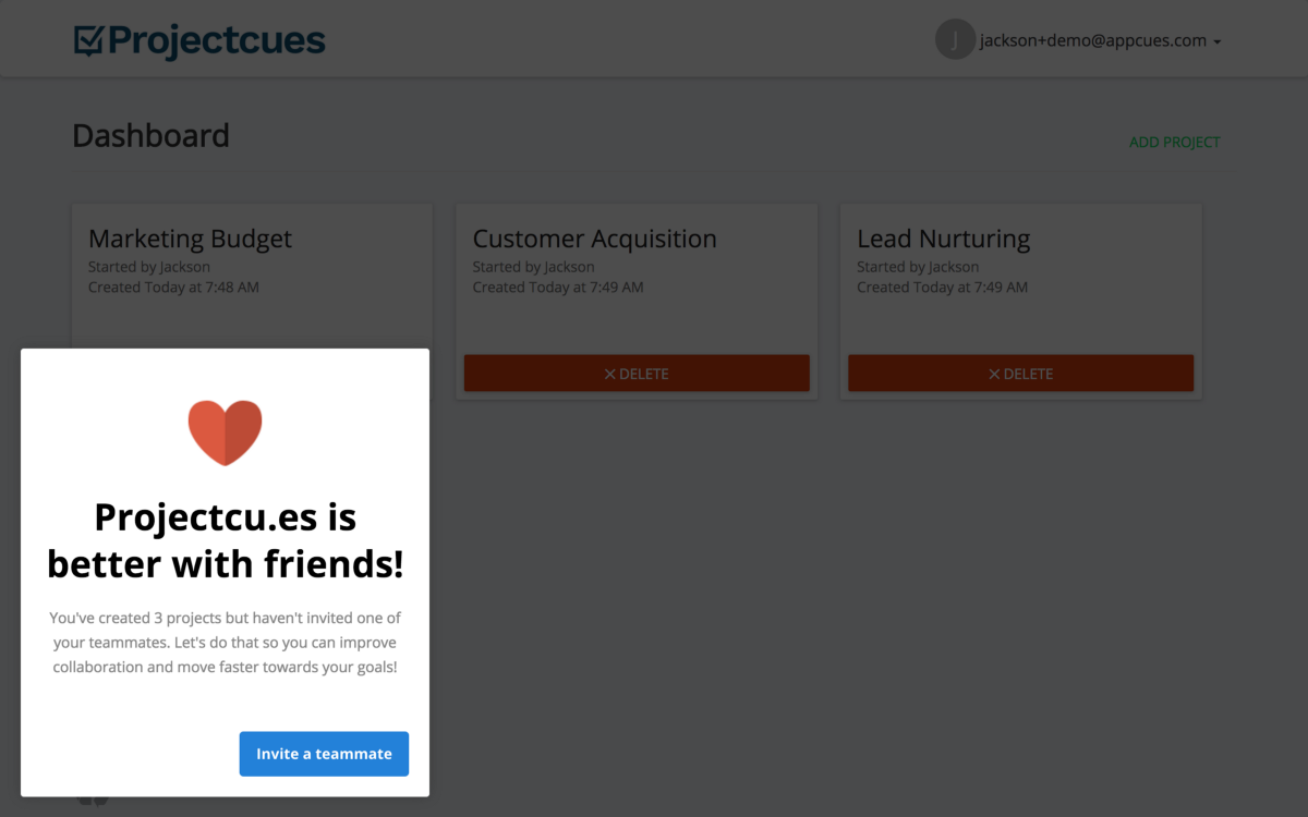 A lifecycle nudge built and published in 5 minutes, without code, using Appcues