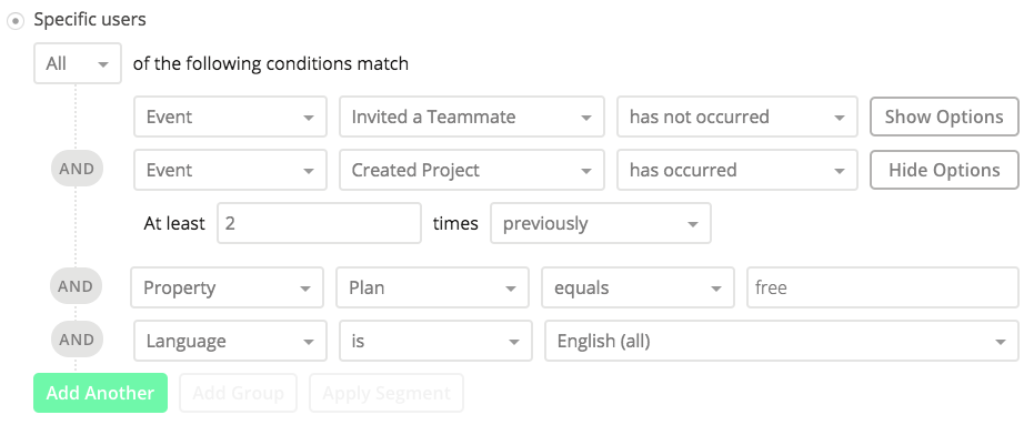 A screenshot of Appcues's targetting workflow