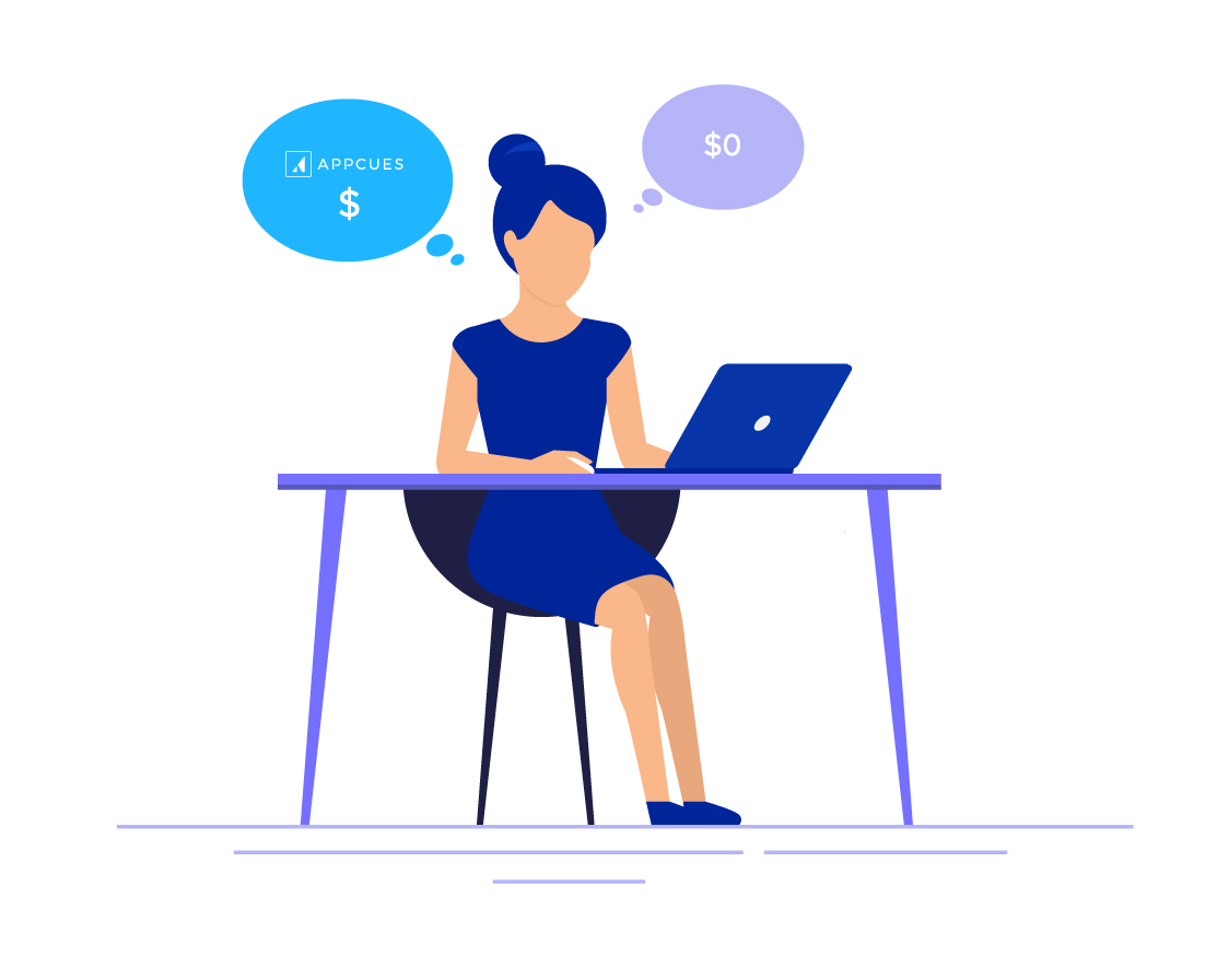 an illustration of a woman with two thought bubbles. she's debating building her own onboarding experience internally or buying appcues.