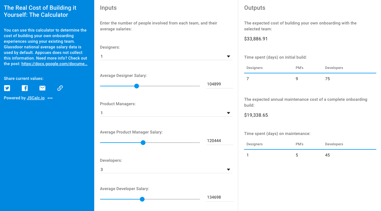 A screenshot from our onboarding cost calculator